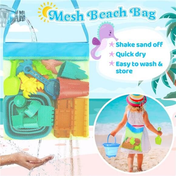 Collapsible Beach Toys for Kids, Sand Bucket and Shovels Set with Mesh Bag - Picture 3 of 8